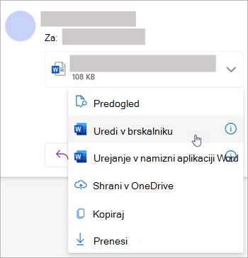 Posnetek zaslona, na katerem je prikazan spustni seznam priloge z izbrano možnostjo »Uredi v brskalniku«