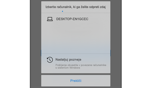 Posnetek zaslona, ki prikazuje možnost »Izberi Microsoft Edge v sistemu iOS, tako da lahko uporabnik odpre spletno stran v svojem računalniku.