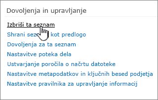 Izbrišite ta seznam pod dovoljenji in upravljanjem