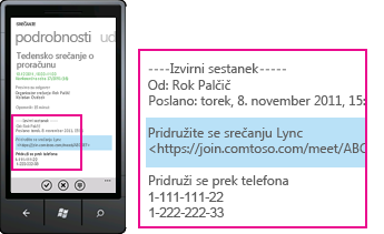 Posnetek zaslona, ki prikazuje telefonsko številko dohodnega klica in gumb za sprejem v Lyncu za mobilne odjemalce