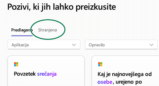 Knjižnica pozivov Copilot Lab z označenim zavihkom Shranjeni pozivi.