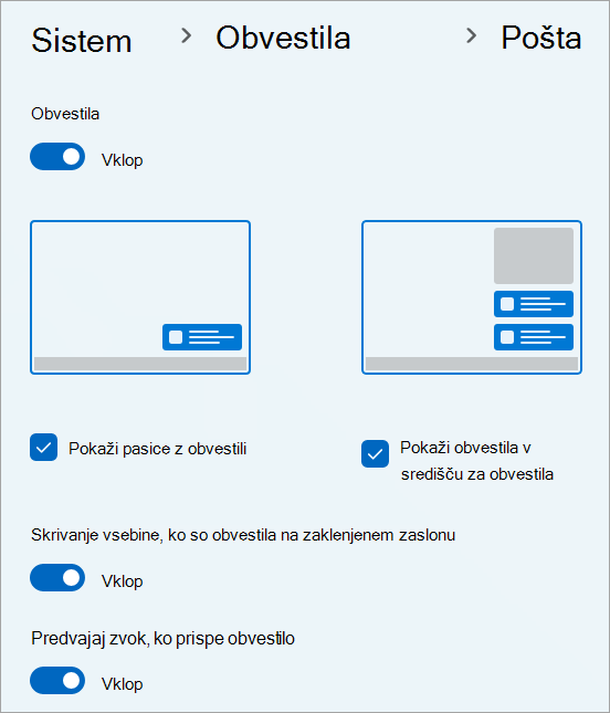 Nastavitve obvestil za aplikacijo Pošta v Windows 11.