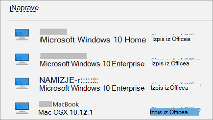 Prikazuje naprave Windows in Mac ter povezavo »Izpis iz storitve Office« na spletnem mestu account.Microsoft.com