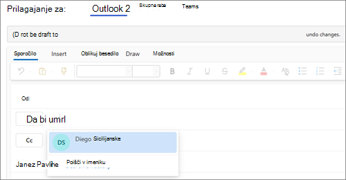 Posnetek zaslona polja »Za« v Outlooku, ki prikazuje izbrano e-poštni naslov.