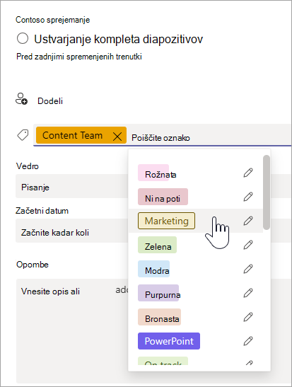 Izbiranje oznake v podrobnostih opravila v Planner