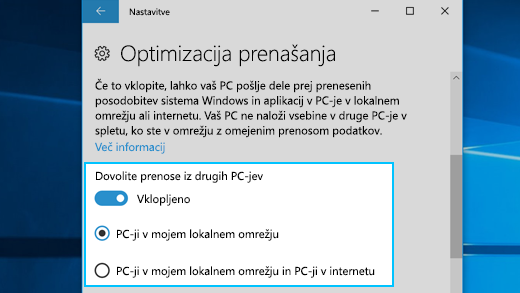 Nastavitve za storitev Optimizacija prenašanja v sistemu Windows 10