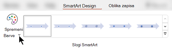 Na zavihku Načrt grafike SmartArt uporabite možnost Spremeni barve, da izberete drugo barvo za grafiko.