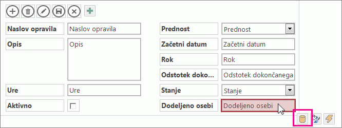 Gumb »Podatki« ob kontrolniku »Samodokončaj«.