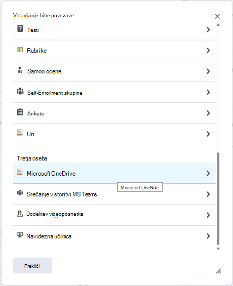 Priložite datoteko storitve OneDrive nalogi z menijem Quicklink Za hitro povezovanje dodelitev Brightspace.