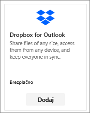 Posnetek zaslona ploščice brezplačnega dodatka Dropbox za Outlook.