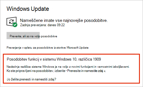 Windows Update prikaz postavitve posodobitve funkcij