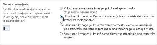 Razdelek »Trenutno krmarjenje« z izbrano možnostjo »Upravljano krmarjenje«