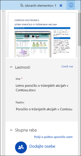 Office 365: podokno z metapodatki dokumenta