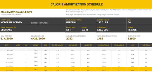Posnetek zaslona predloge za urnik amortizacije kalorij