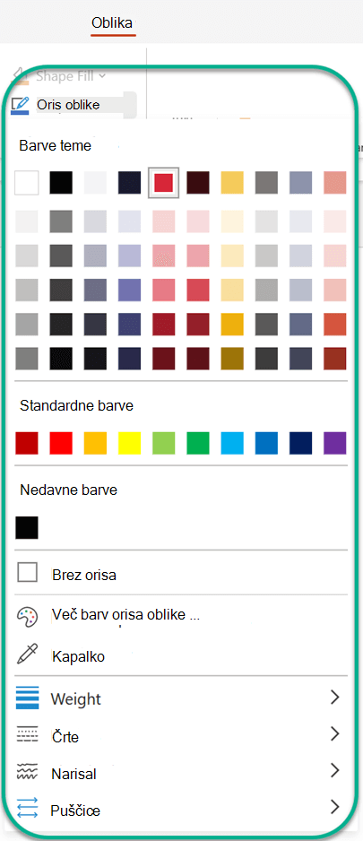 Na zavihku Oblika v razdelku Oris oblike lahko izberete barvo, ki jo želite uporabiti za trenutno izbrano obliko.