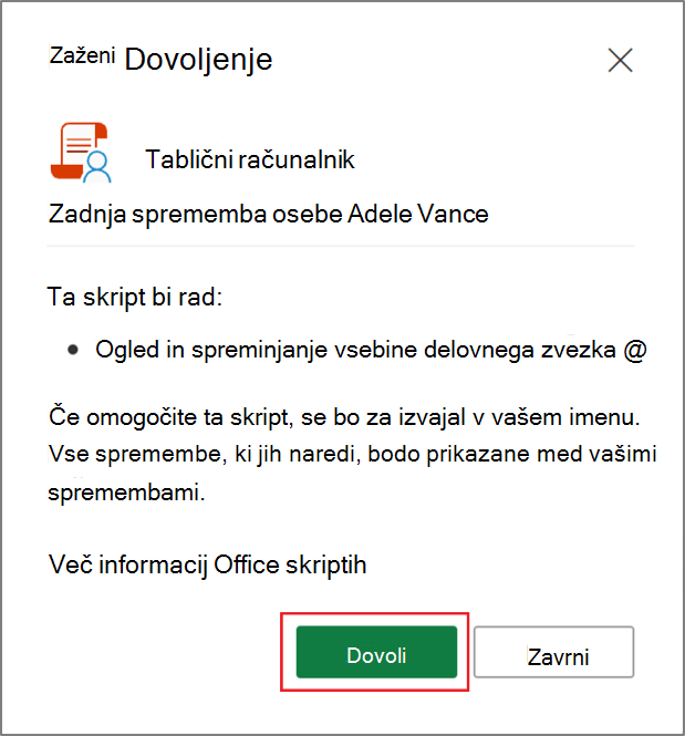 Pogovorno okno »Zaženi dovoljenje« za Officeov skript v Excelu
