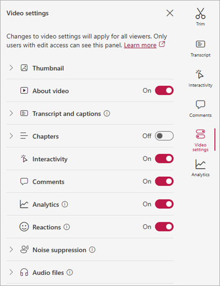 Screenshot showing the Video settings panel used to change settings for a video in a library.