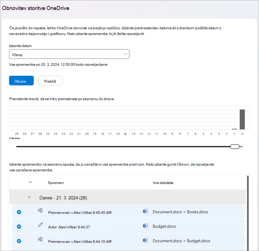 Obnovite dejavnosti v datotekah v storitvi OneDrive.