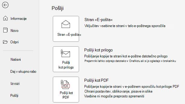 Posnetek zaslona gumbov »Pošlji kot prilogo« in »Pošlji kot PDF«.