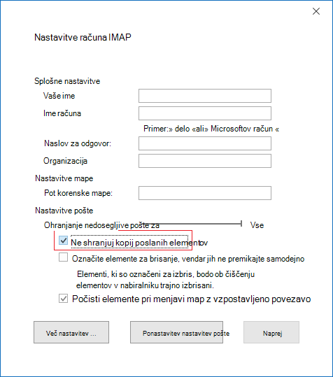 Nastavitve računa IMAP, Ne shrani kopij poslanih elementov