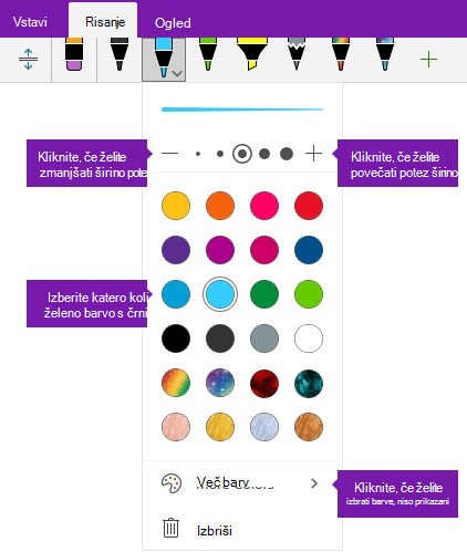 Poteze širino in barvo možnosti črnila v programu OneNote za Windows 10