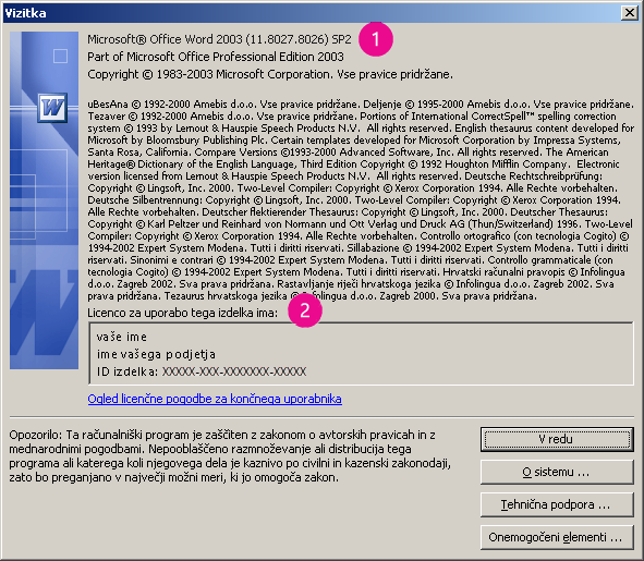 Okno »Microsoft Office Word 2003 – vizitka«