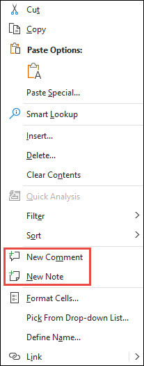 Slika priročnega menija za Excel z desno tipko miške