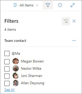 Slika podokna filtra v SharePointu