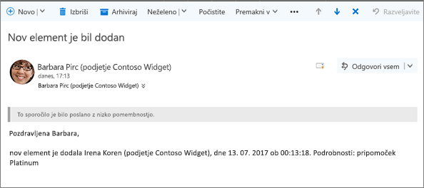 E-pošta, ki Microsoft Flow poslal, ko se je element spremenil