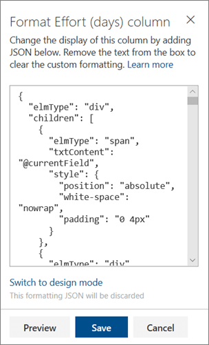 The Advanced mode JSON pane for SharePoint column formatting