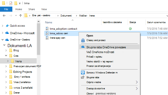 Skupna raba datoteke prek storitve Microsoft OneDrive v Windows 10