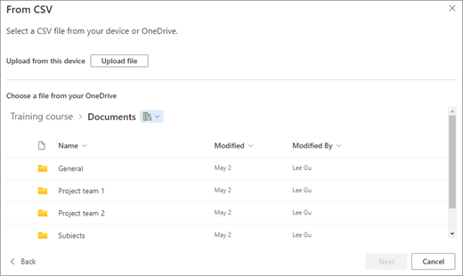 Posnetek zaslona »Iz datoteke CSV«. V zgornjem delu zaslona je gumb Prenesi datoteko. Na spodnji polovici je seznam datotek v storitvi OneDrive.