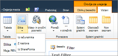 Kliknite gumb slika na traku, nato pa izberite iz računalnika, naslova ali SharePointa.