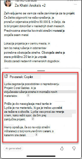 Povzetek e-poštnega sporočila storitve Copilot v sistemih iOS in Android