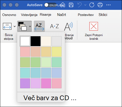 Page Color Options shown for Potopni bralnik in Word for the Mac