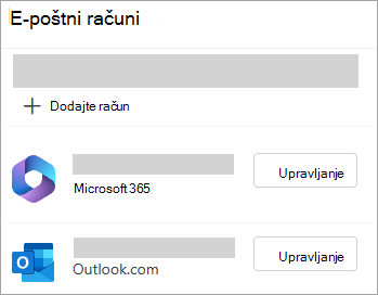 Posnetek zaslona okna z nastavitvami, ki prikazuje možnost za upravljanje računov v novem Outlooku