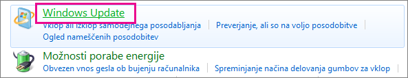 Povezava za storitev Windows Update na nadzorni plošči