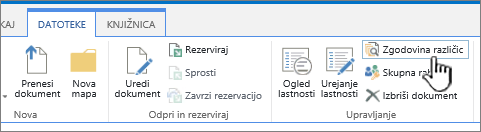 Zavihek »Datoteka« z označeno možnostjo »Zgodovina različic«