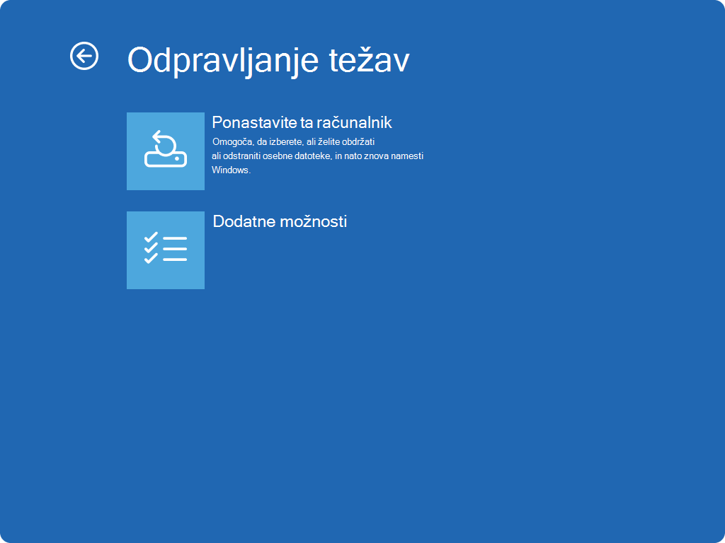 Posnetek zaslona Windows RE odpravljanje težav.