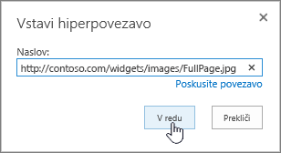 Pogovorno okno »Hiperpovezava« z označenim spletnim naslovom in gumbom »V redu«