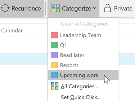 Dodajanje kategorije v koledar v Outlooku