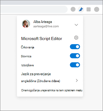 Urejevalnik Microsoft razširitve, ki prikazuje spustni seznam v brskalniku z nastavitvami vklopa in izklopa možnosti preklapljanja