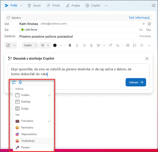 Možnosti dolžine in tona, ki jih lahko izberete med ustvarjanjem osnutkov e-poštnih sporočil v Outlooku s storitvijo Copilot