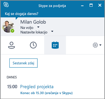 Posnetek zaslona zavihka »Srečanja« v oknu Skypa za podjetja.