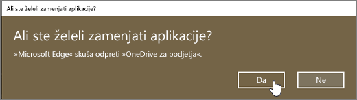 Brskalnik Windows 10 Edge s pogovornim oknom za zamenjavo aplikacij z označeno možnostjo »Da«