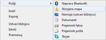 Z desno tipko miške kliknite predstavitev, nato kliknite »Pošlji«, nato pa kliknite še stisnjeno (zip) datoteko.