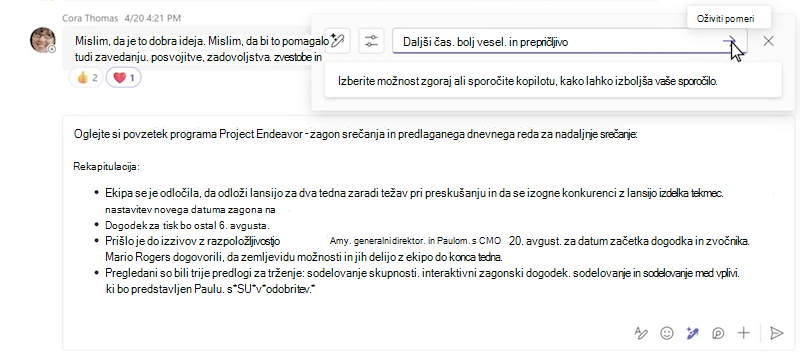 Preoblikovanje sporočila po meri s storitvijo Copilot v klepetu v aplikaciji Microsoft Teams.