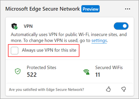 V meniju »Brskalnik essentials« preverite vedno uporabi VPN za to spletno mesto.