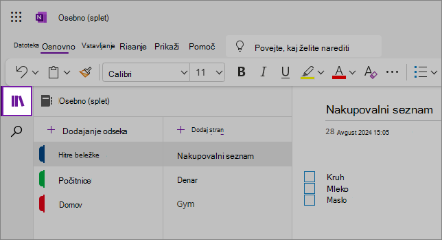 Pogled na spletni uporabniški vmesnik OneNote, ki prikazuje območje vsebine