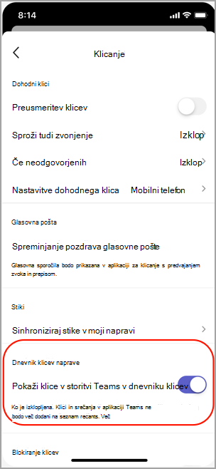 Prikažite ali skrijte klice skupine v dnevniku klicev v sistemu iOS.